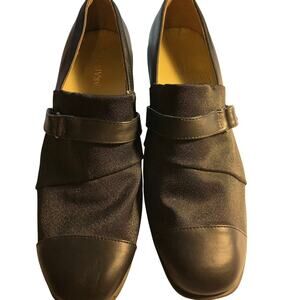 Akaishi black leather fabric comfort loafers stretch arch support shoes Size 8